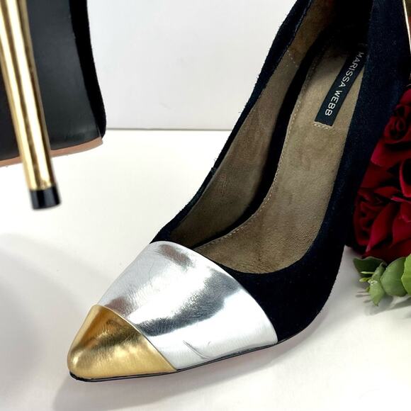 Marissa Webb Stiletto Heel Pump Size 8 Black Gold & Silver Leather Pointed-Toe - Picture 15 of 16